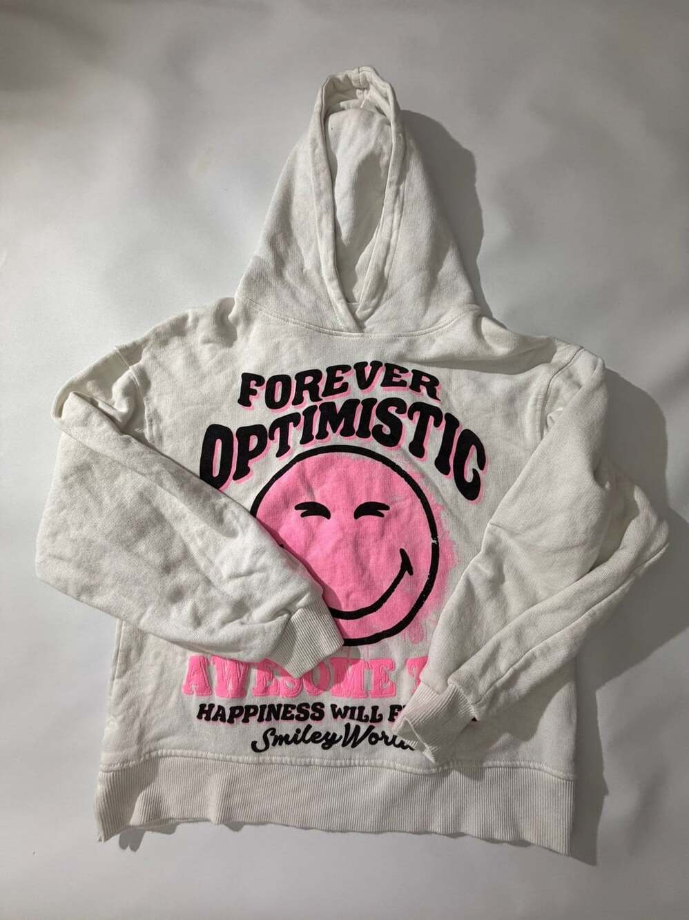 Zara Smiley World White Forever Optimistic Graphic Hoodie